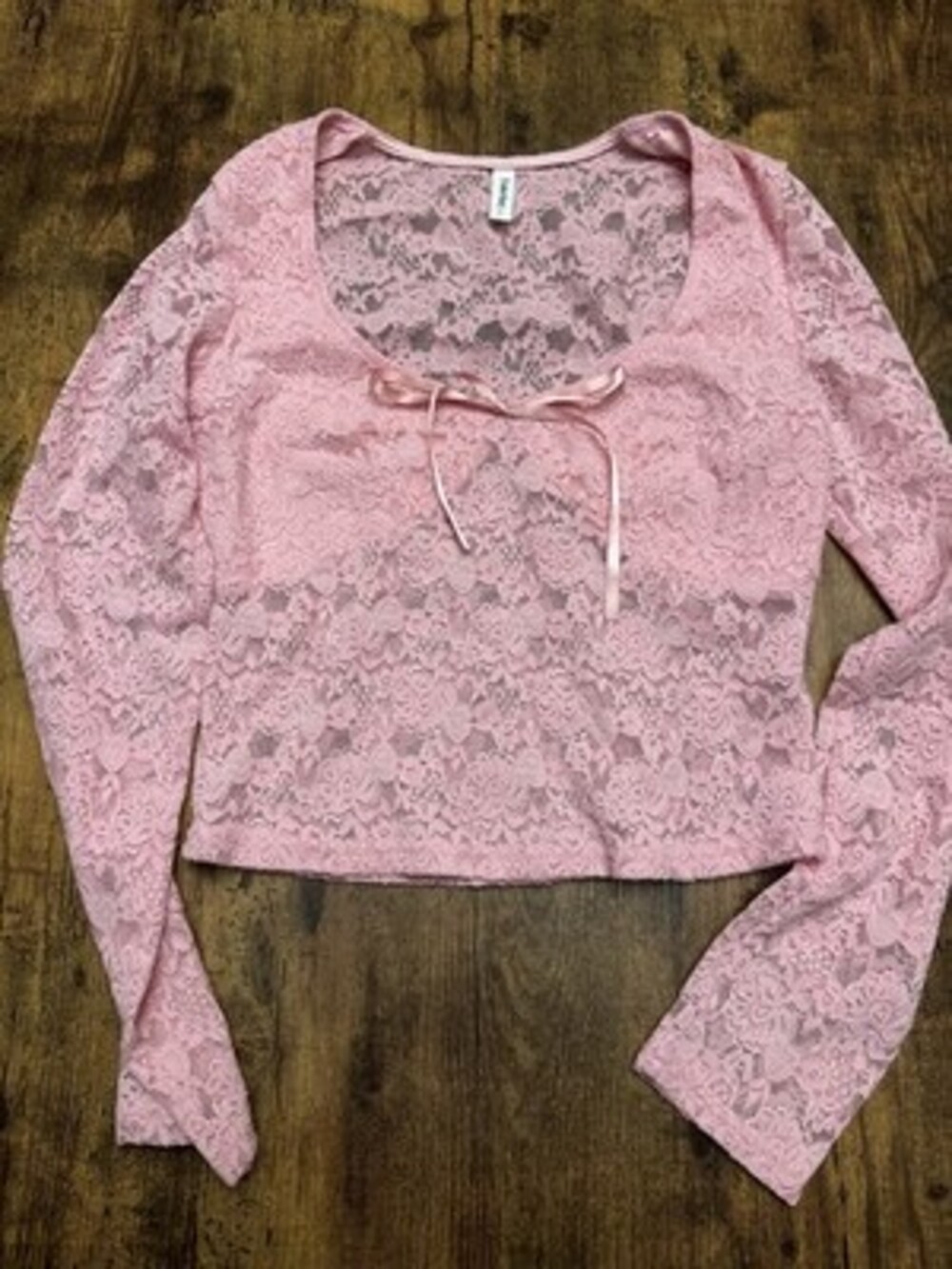 Falechay Pink Floral Lace Long Sleeve Crop Top with Ribbon Bow